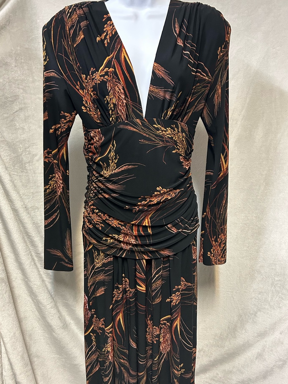 Vintage Norma Kamali Black M Dress with Rust Botanical Print